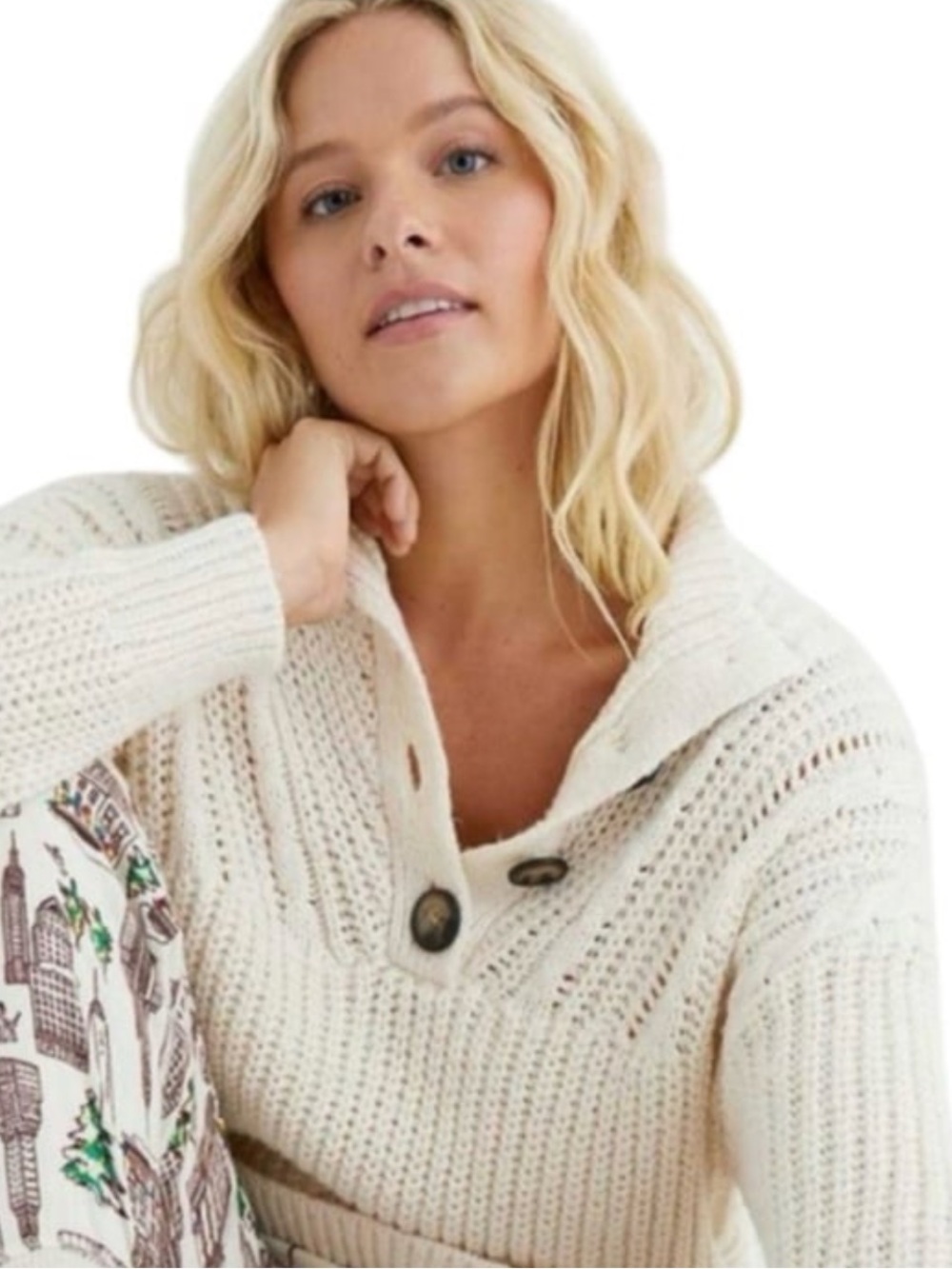 Aerie Cream Button Mockneck Cable Knit Sweater